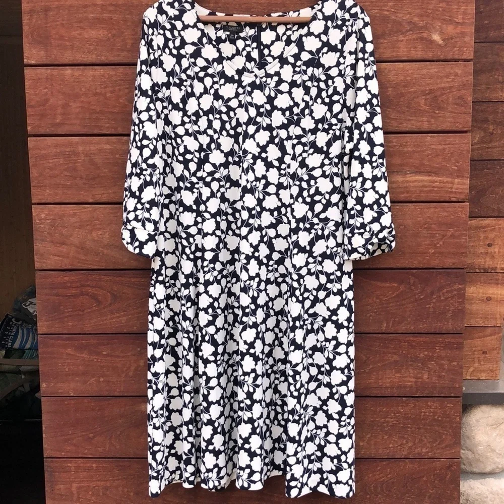 Talbots Dress Women’s 1XP Navy/Cream Floral Print Midi Length